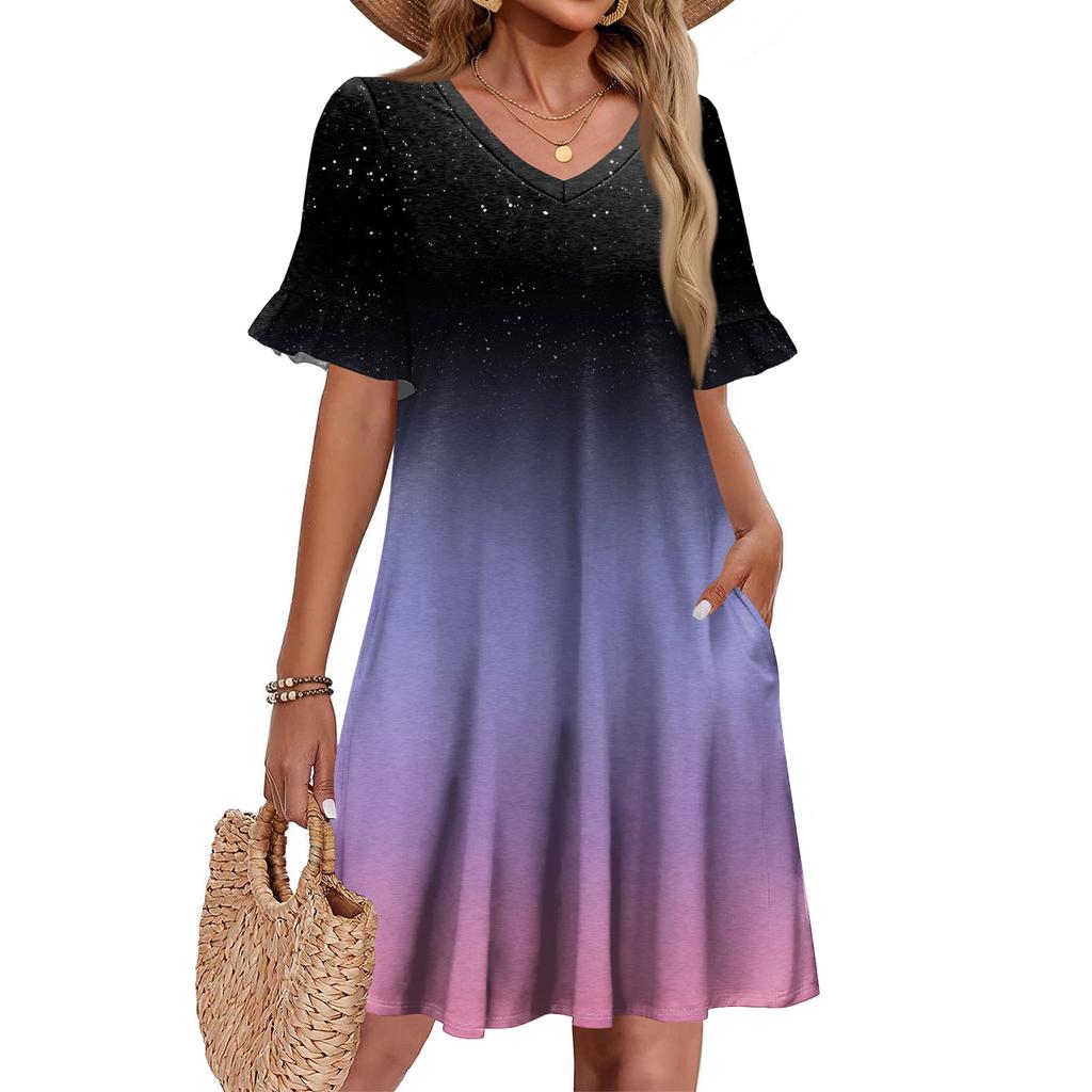 Damen A-Linie Sommerkleid Kurzarm V-Ausschnitt Bedrucktes Kleid Mit Taschen