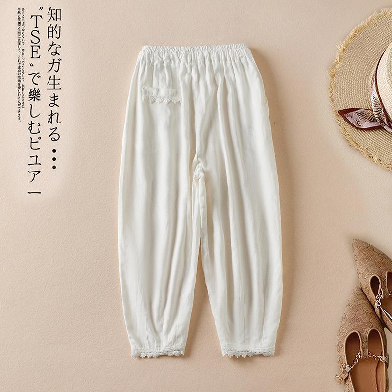 Literary and retro casual loose nine-point pants linen Harlan pants 2025 summer elastic waist thin nine-point straight pants
