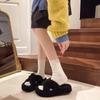 Women’s Cross Band Fur Slippers Indoor Furry Fuzzy Open Toe Shoes Warm Slides Double Straps Slipper Soft Sole Non Slip