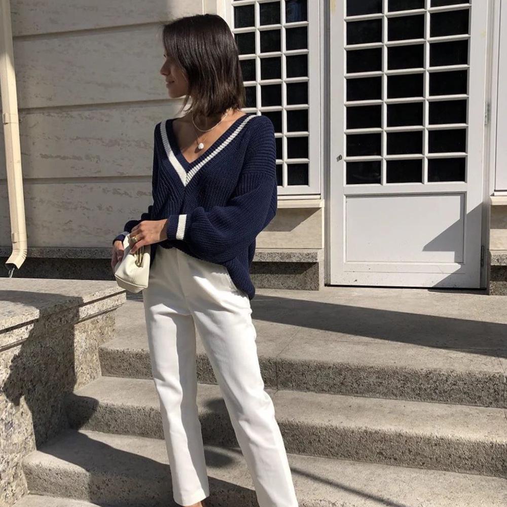 New Deep V-Neck Commuting Knitted Sweater - Autumn/Winter Loose Off-Shoulder Style for Women