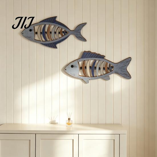 Ocean Theme Wood Art 2Pcs Mediterranean Style Wooden Fish Wall Hanging, Hollow Skeleton Summer Beach Party Decor Decor, Vintage Nautical Ornament for