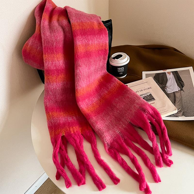 Winter New Mohair Striped Women Scarf Girls Female Warm Thickened Long Scarves Soft Coarse Braid Tassel Shawl Retro Wrap Shawls