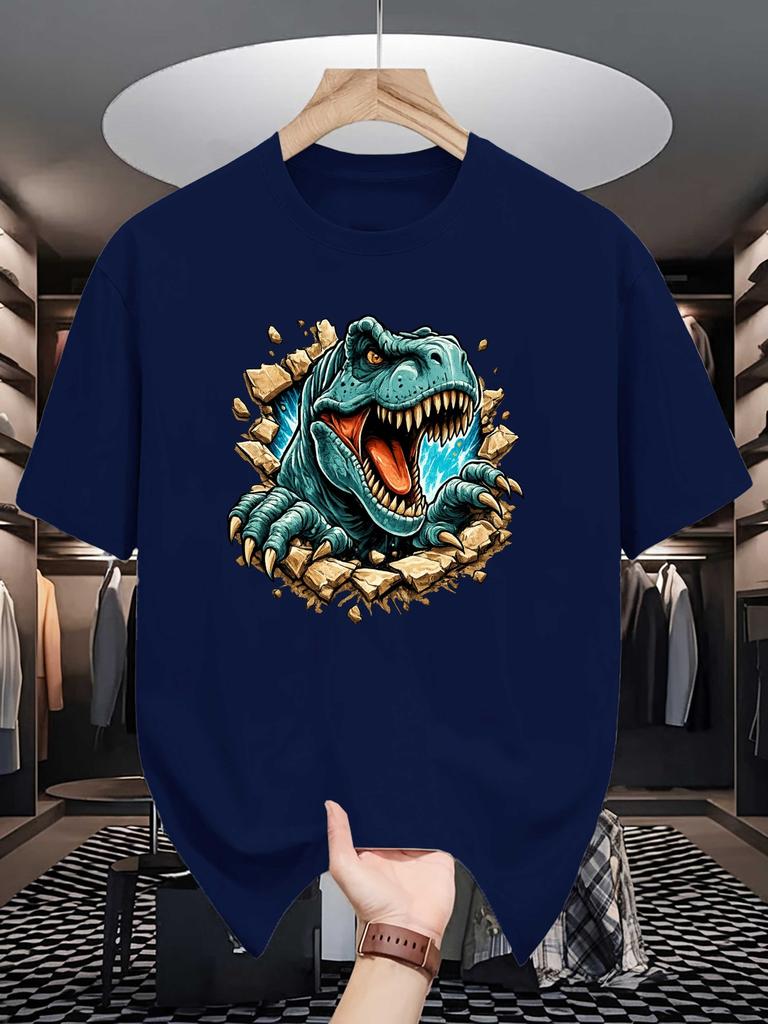 Mens Crew Neck T Shirt Cool T Rex Dinosaur Break Wall Graphic Tees Vintage Animal Print Casual Streetwear Cotton Summer Tops