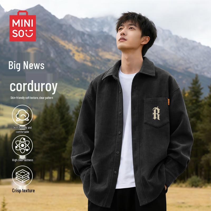 MINISO Men's American Retro Corduroy Cuban Collar Long-Sleeve Shirt