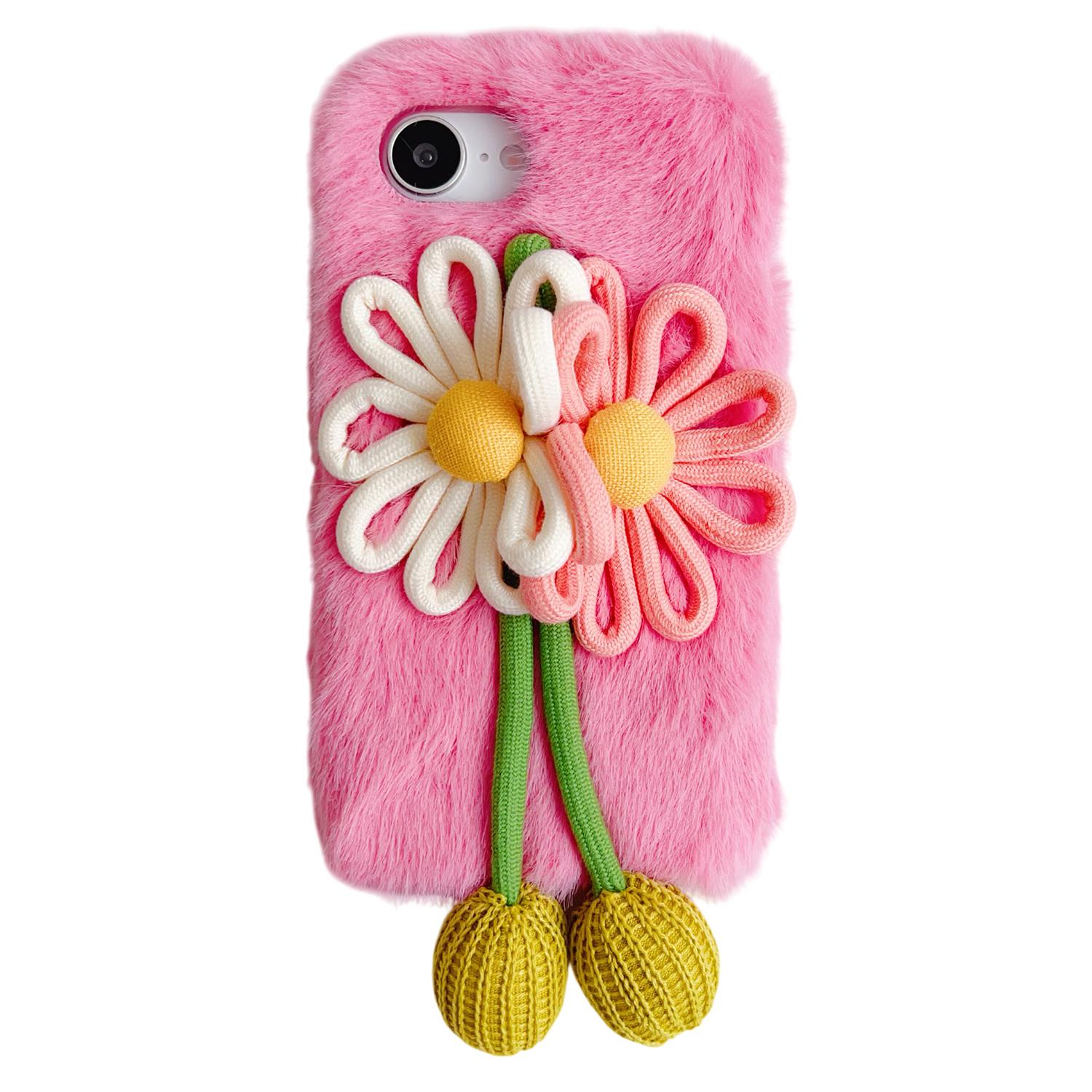 

For iPhone 16e Case Woven 3D Floral Plush TPU Protective Cover Pink