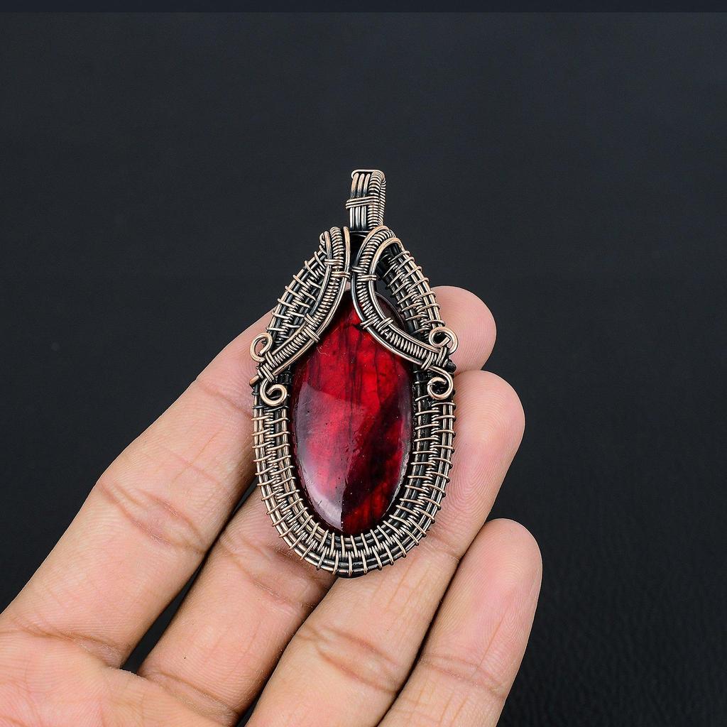 Red Flash Labradorite Pendant, 999 Copper Wire Wrapped Jewelry, Gemstone Jewelry Pendant, Handmade Wedding Gift Jewelry