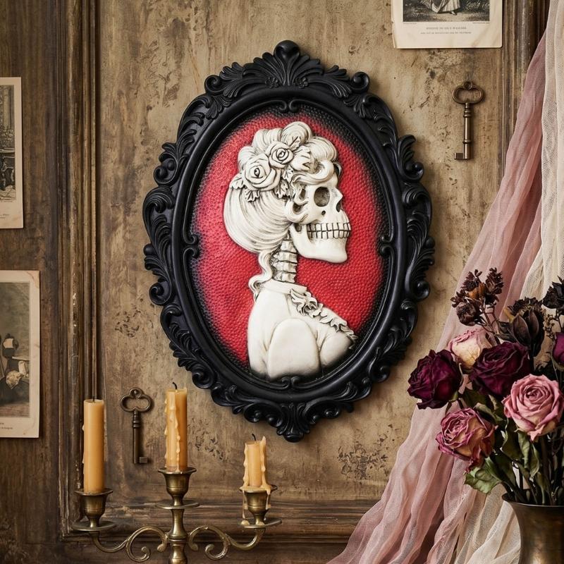 Skeleton Wall Art Decors Gallery Wall Plaque with Skull Portrait, Black Frame and Raised Relief Form for Entryway Accent or Bedroom Hanging Display