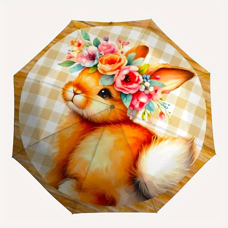 

1pc Bunny Floral Crown Automatic Folding Umbrella - 8-Rib Iron Frame, Windproof, Portable Sunshade with Plastic Handle for Travel & Outdoor