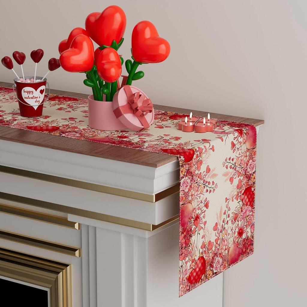 XCHI Wild Flowers Love Hearts Valentine’s Day Table Runner Table Decoration for Party Home Kitchen Dining Holiday Decor 13x72 Inch