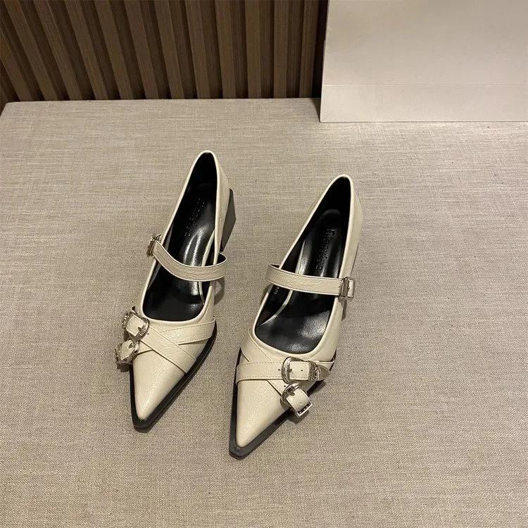 Fashion Spring Women's High Heels Sexy French Style Pointed Shoes Metal Decoration Paired Skirts Elegant Banquet Fashion Mary Jane 2025