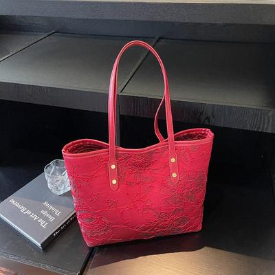 Bolsa Grande de Lona Vermelha Feminina - 2025 Elegante Tote de Ombro Único para Banquete de Casamento Nupcial