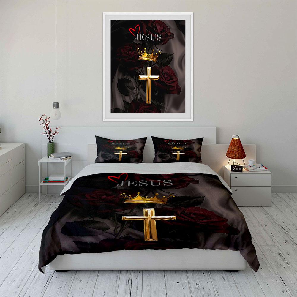 "Jesus Cross Rose Crown Design" Bedding Duvet Cover Set Duvet Cover Pillowcases  (1 * Duvet Cover 2 * Pillowcases, without duvet insert)
