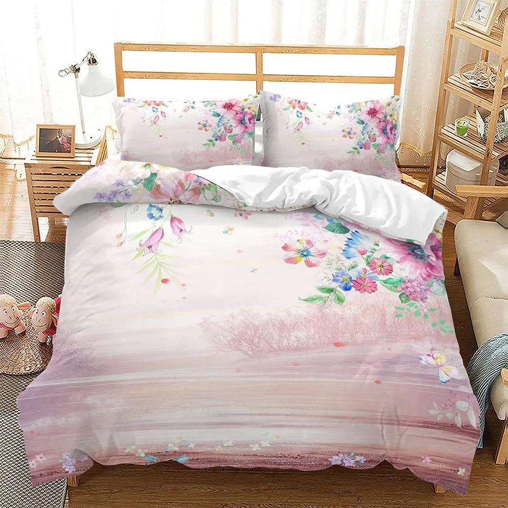 Spring Flowers King Queen Duvet Cover Pink Sakura Bedding Set Girls Cherry Blossoms Quilt Cover Floral Polyester Comforter Cover