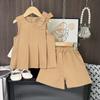 Girls' Outfit Solid Color New Korean Style Bow Pleated Sleeveless Top Shorts Two-Piece Set for Young Girls Summer Children's Clothing