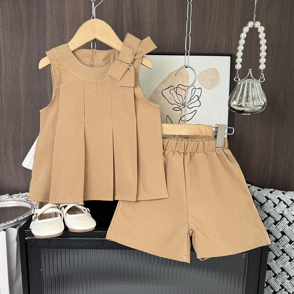 Girls' Outfit Solid Color New Korean Style Bow Pleated Sleeveless Top Shorts Two-Piece Set for Young Girls Summer Children's Clothing