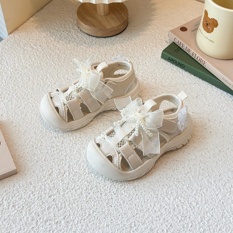 

Girls Sandals Toes Capped Soft Children Princess Shoes Lace Bows Beadings 2025 Summer New Kids Sports Sandals Non-slip Comfort 22 бежевый