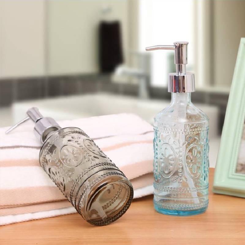 Stilvoller blauer und grauer Glas-Seifenspender 420ml quadratische Flasche für Lotion und Flüssigseife