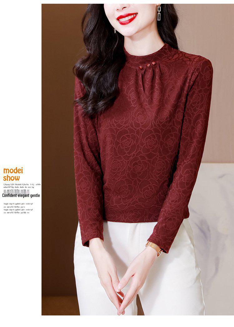 

Elegant Retro Lace High-Neck Long Sleeve Women s T-Shirt for Spring XL красный
