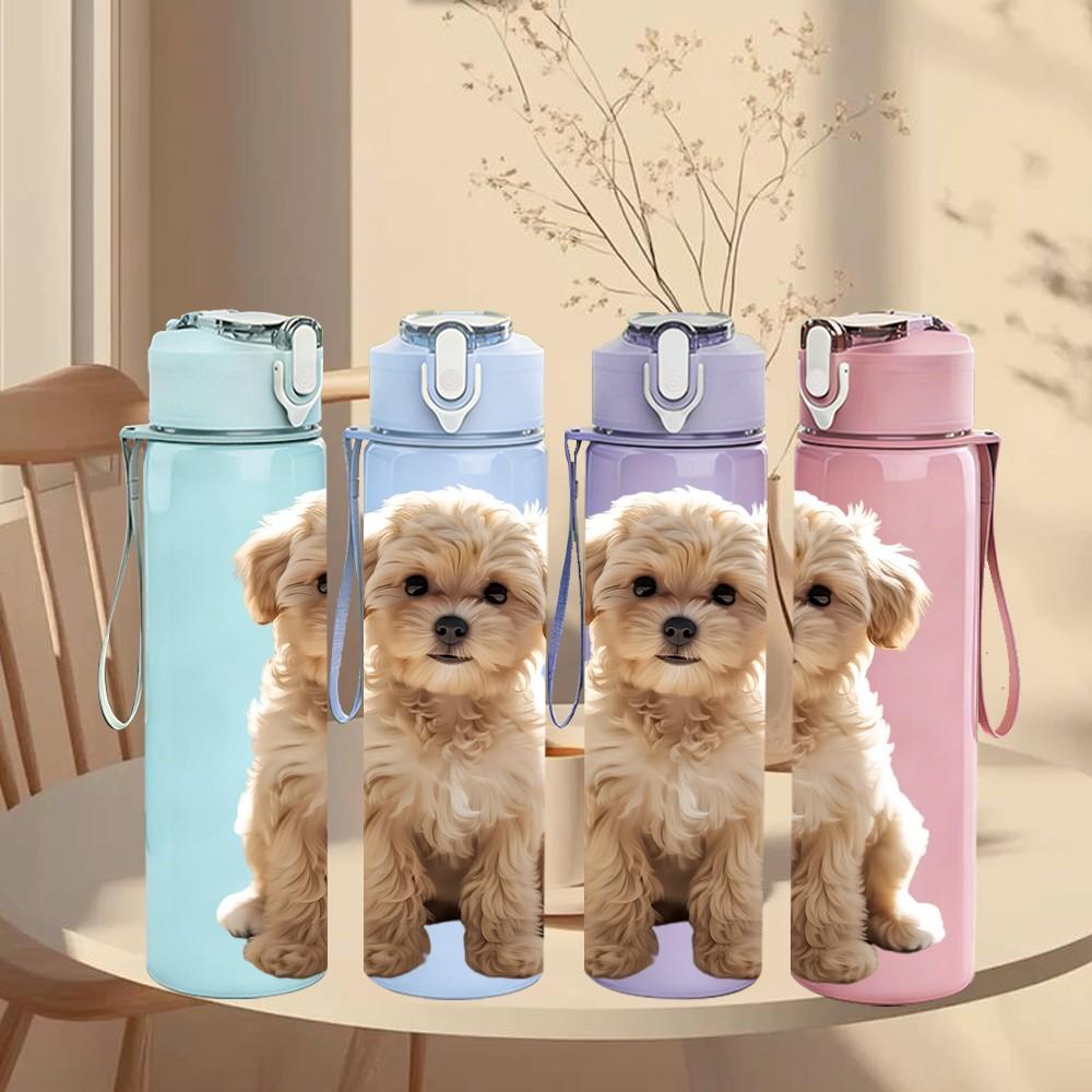 1PC Brown Teddy Dog Print 750ml Color Plastic Sports Water Bottle Leakproof Flip Straw Lid Suitable for Sports Office Home Use