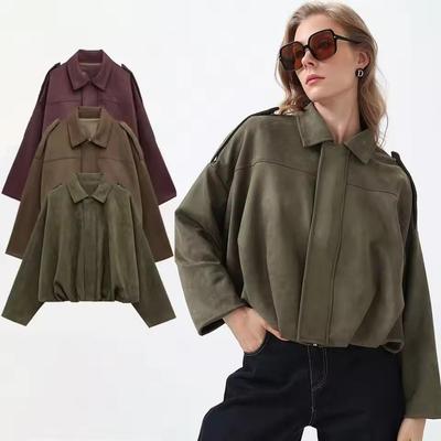 Women's Bomber Jacket Lapel Long Sleeve Zipper Suede Jacket Women High Street Cropped Racing Jackets Coats Outerwears