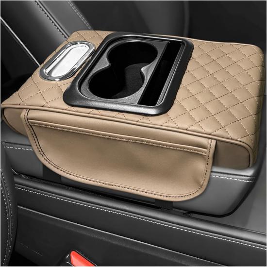 Car Center Console Armrest Pillow, 5-in-1 Armrest Cover with 2 Storage Bags Tissue Box Cup & Phone Holder, Comfy Arm Rest Cushion Leather Vehicle Beige, Embroidered