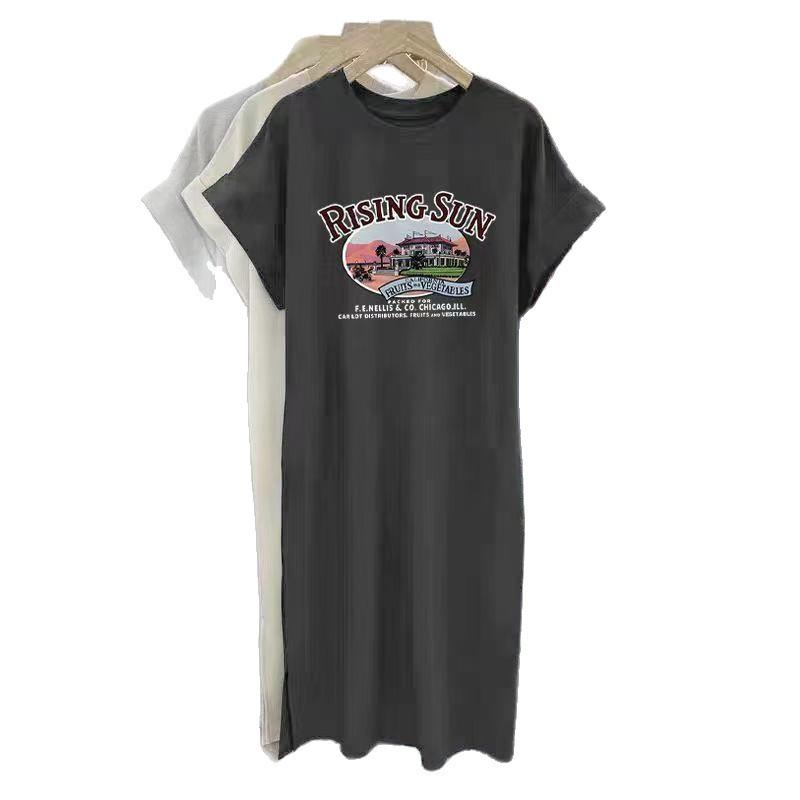 Letter-printed Korean-style Short-sleeved T-shirt Dress for Women, Loose and Casual, Plus-size Small Flying Sleeve Slit Dress, Long Dress for Summer