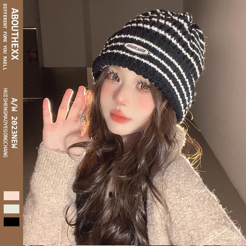 New Autumn and Winter Ins Big Head Knitted Hat Japanese Striped Wool Hat Korean Style Versatile Student Warm Hat Women