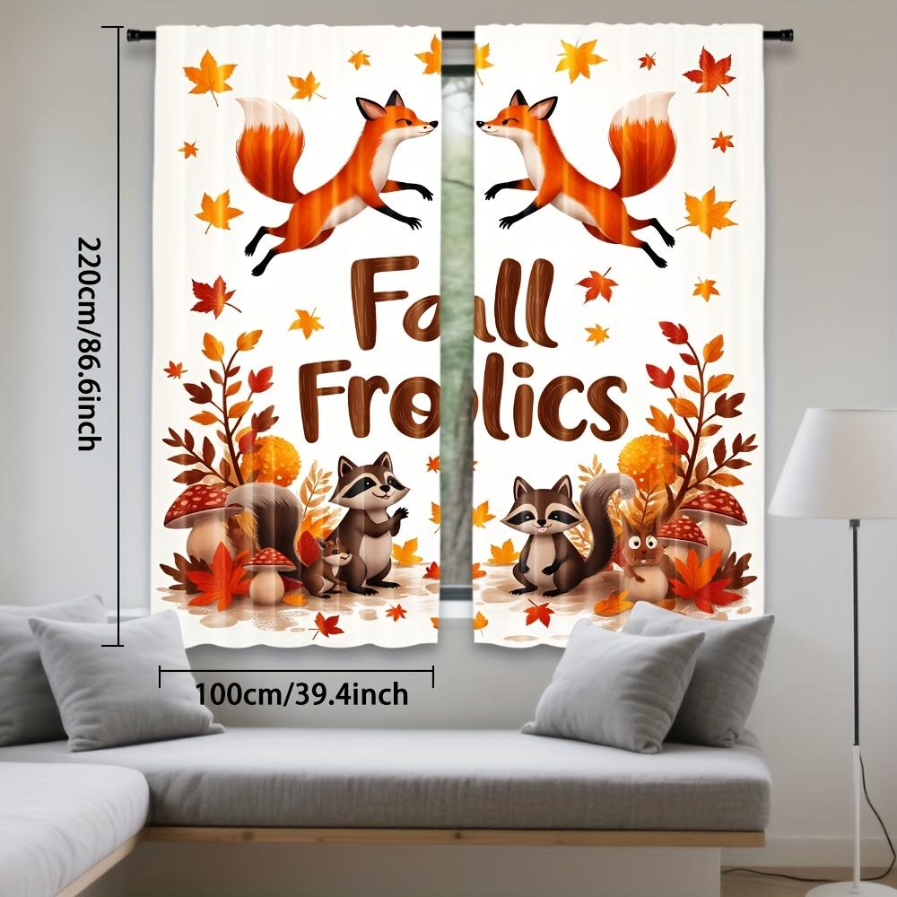 Set Of 2 Thanksgiving Fox Raccoon Cartoon Autumn Maple Leaf Curtains Polyester Semi Translucent Design Fall Fol Curtain Made With Rod Pocket