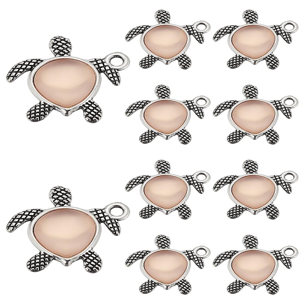 10Pcs Tibetan Style Alloy Pendants with Imitation Acrylic Rhinestone Cabochons Turtle Charms Antique Silver 21x19x4mm Hole: 2mm