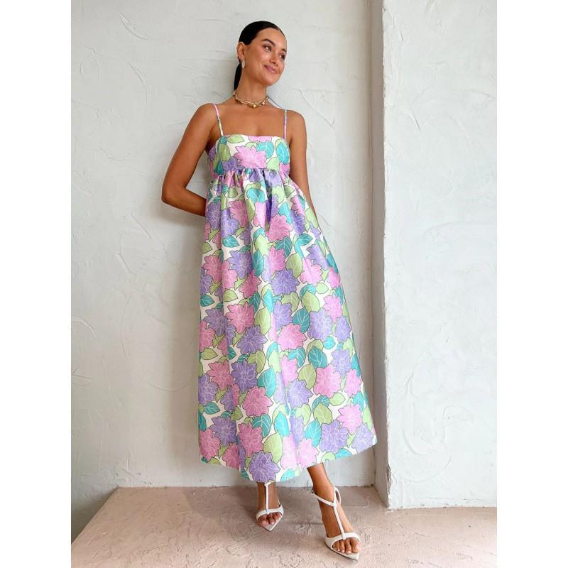 Womens Floral Print Sleeveless Backless Flowy Maxi Dress With Adjustable Straps High Waist Small