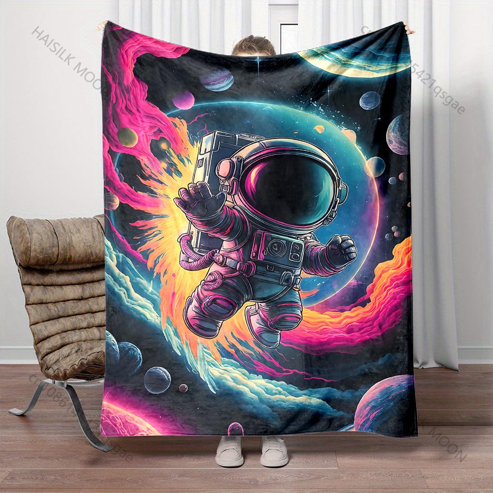 Multiple Sizes Astronaut Floating In Space Print Blanket Flannel Material Soft Warm for All Seasons Home Outdoor Camping Picnics