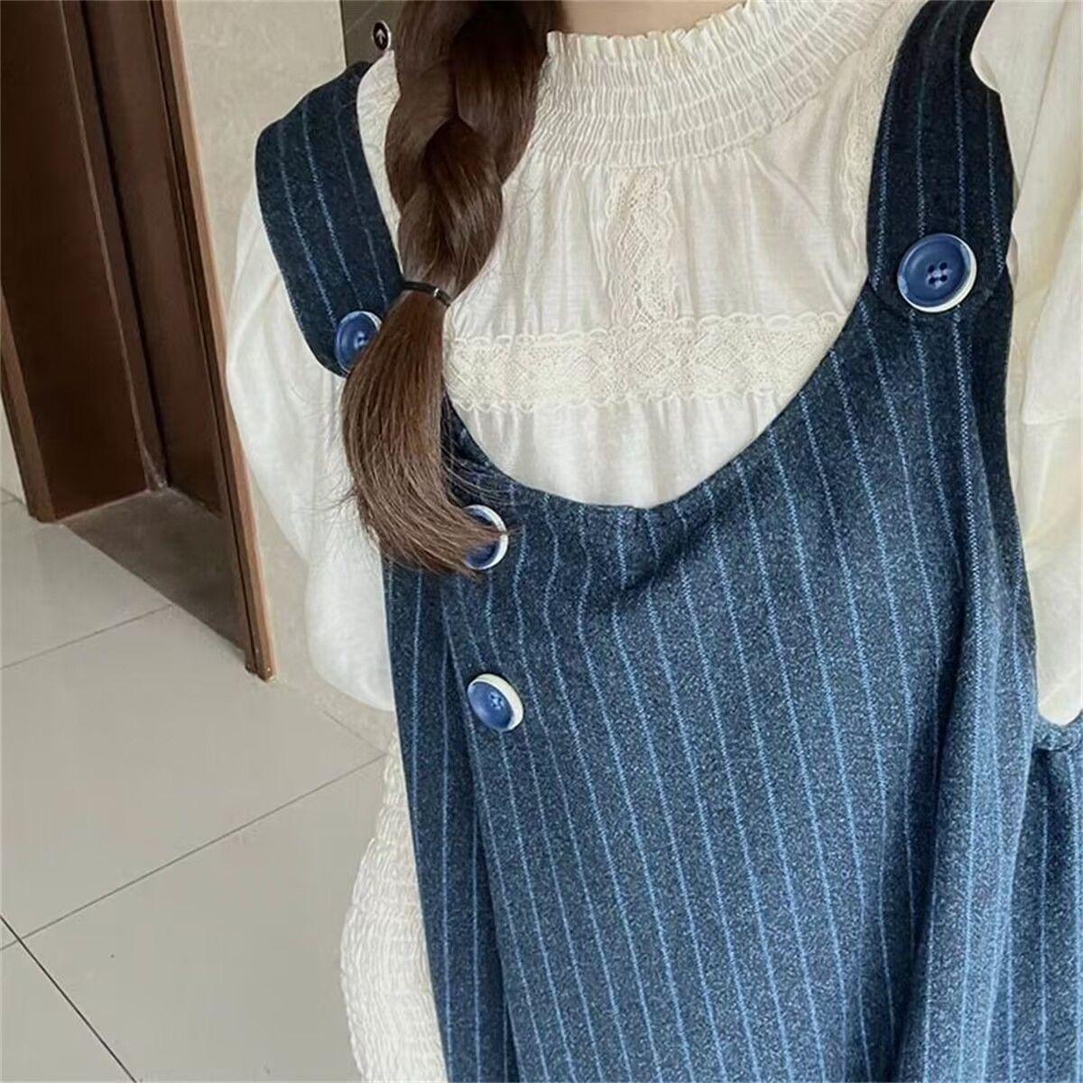 Two-Piece College Style Striped Suspender Skirt & Lace Trim Shirt - Women s Fashion Slimming Dress XL