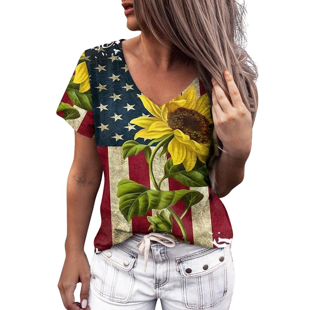 Summer Women Floral Print V Neck Short Sleeve Loose 3D T Shirt