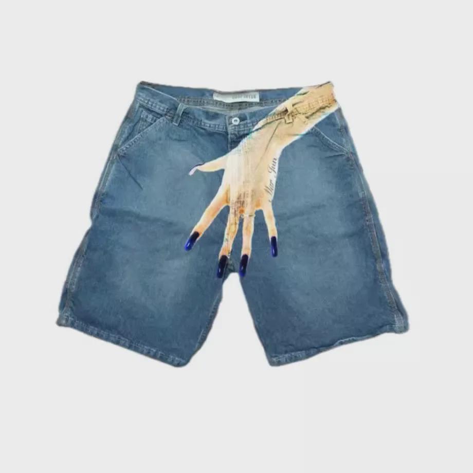 "Men's Y2K Hip-Hop Trend Pattern Denim Shorts - European and American High Street Fashion for Couples"