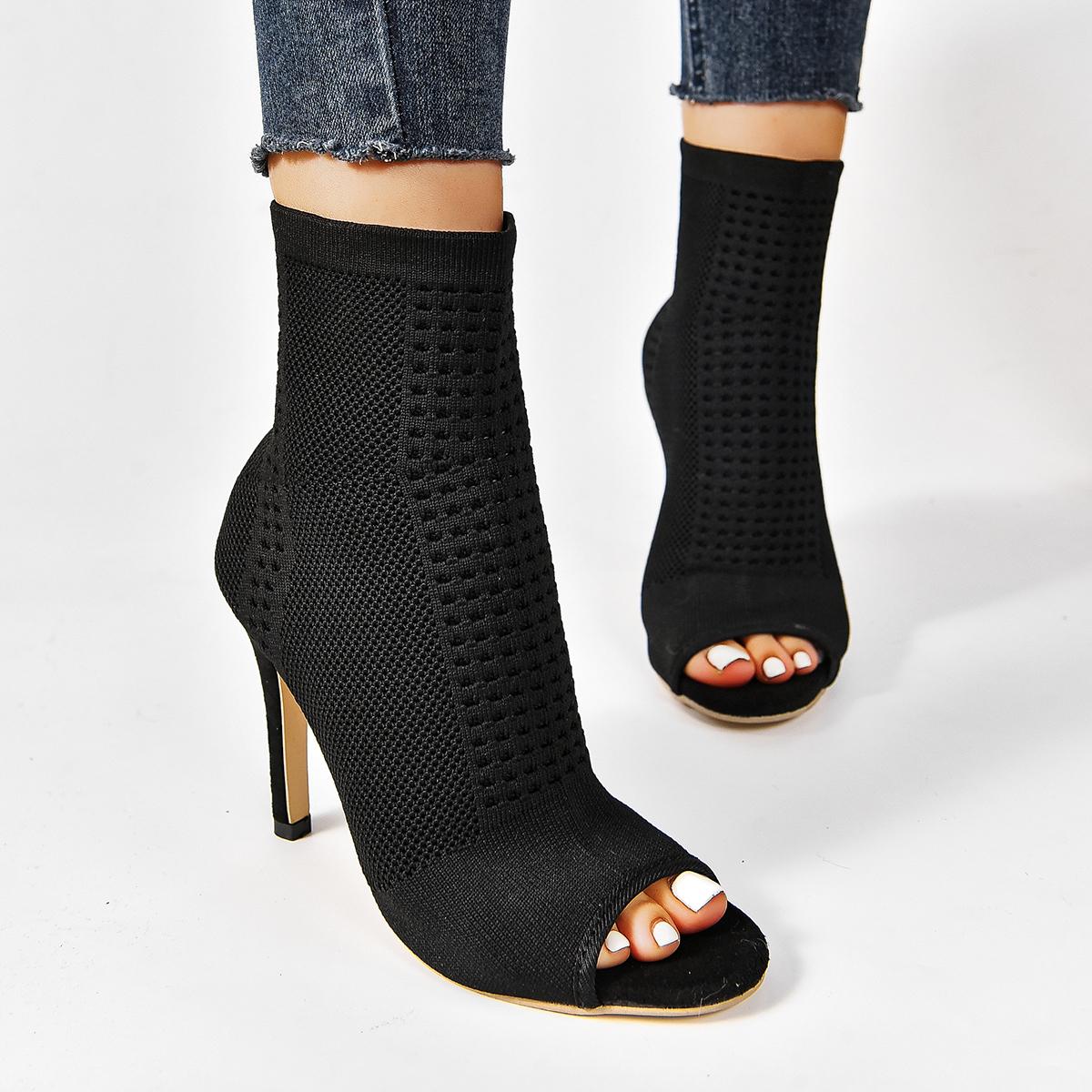 

Модные женские ботильоны из эластичной ткани с открытым носком, вязаные ботильоны с маленькими отверстиями, дышащие модельные женские туфли на высоком каблуке, танцевальная обувь 38