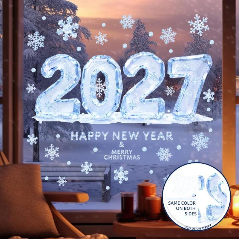 Christmas Ice Snowflake Window Stickers 2027 New Year Double Sided Same Color Peel & Stick Decals for Winter Home Decor
