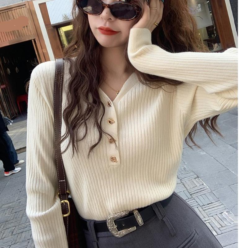 V-neck Fashion Women's Knitted Sweater Pullover Bottoming Shirt Spring Buttons Long Sleeved Top Outside Solid Color Casual Office Elegant Clothing