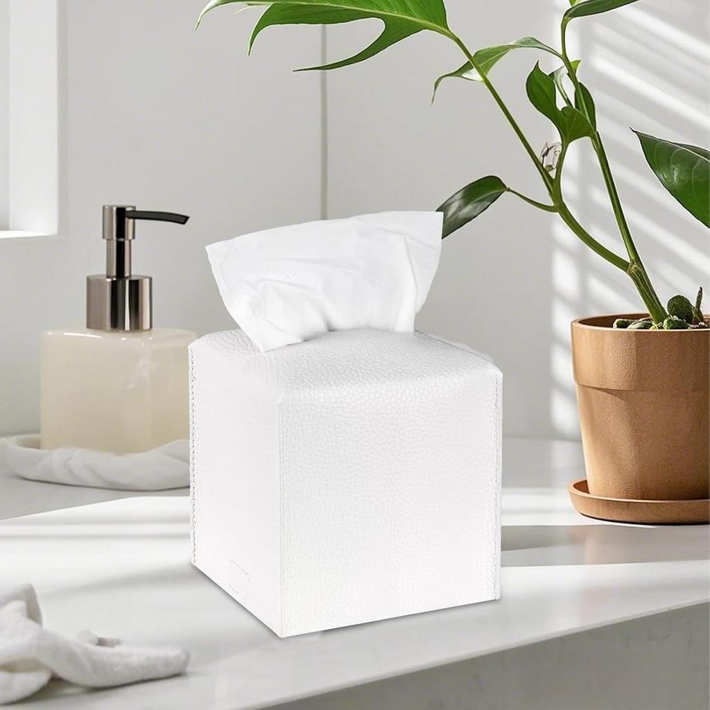 Tissue Box Cover, 2 Pack Beige & White Square PU Leather Tissue Box Holder Decrative Tissue Cube Organizer for Tabletop, Bathroom, Car, Office