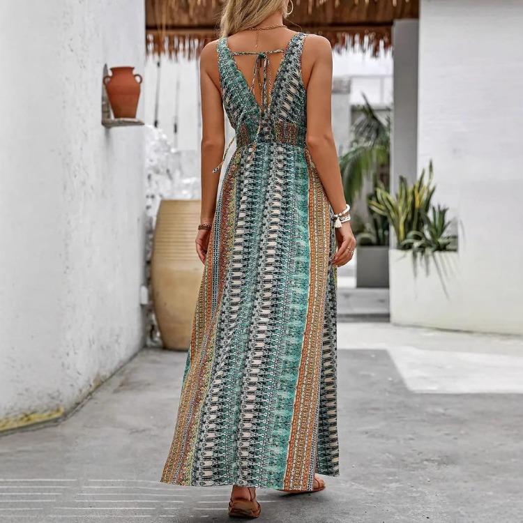 Böhmisk Sommarklänning Dam Retro Tryckt Axelband Rygglös Bandage Stor Fåll En Del Semesterstil