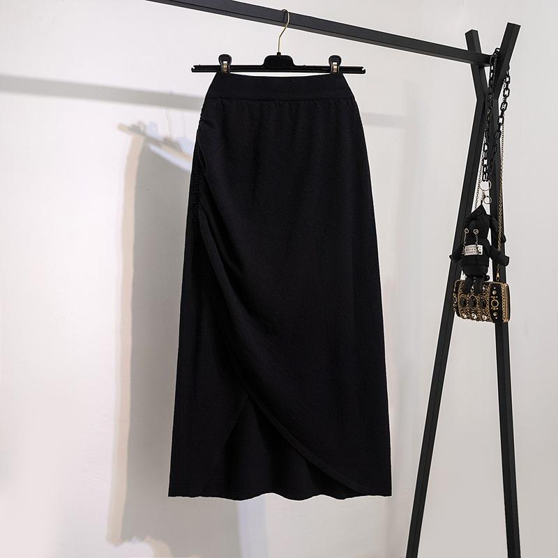 Large Size Womens Winter Latest Fat MM High-end and Stylishable Irregular Slit Mid-length Knitted Skirt