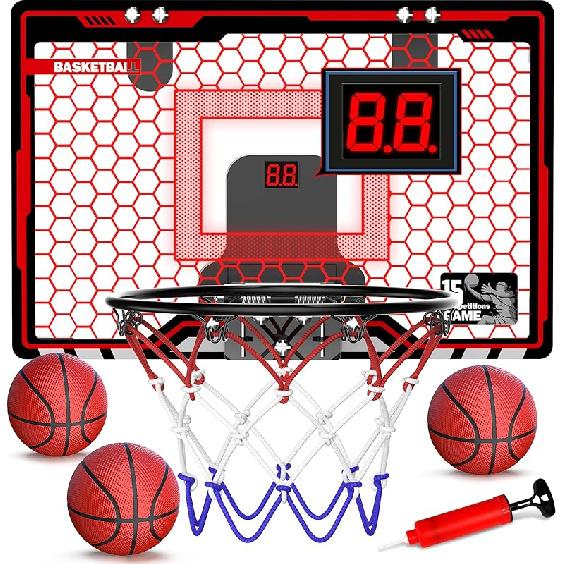 HopeRock Indoor Basketball Hoop for Kids, Over The Door Mini Basketball Hoops, with LED Light, Scoreboard, Birthday Toys Gifts for 5 6 7 8 9 10 11 LED Basketball Hoop & Sco