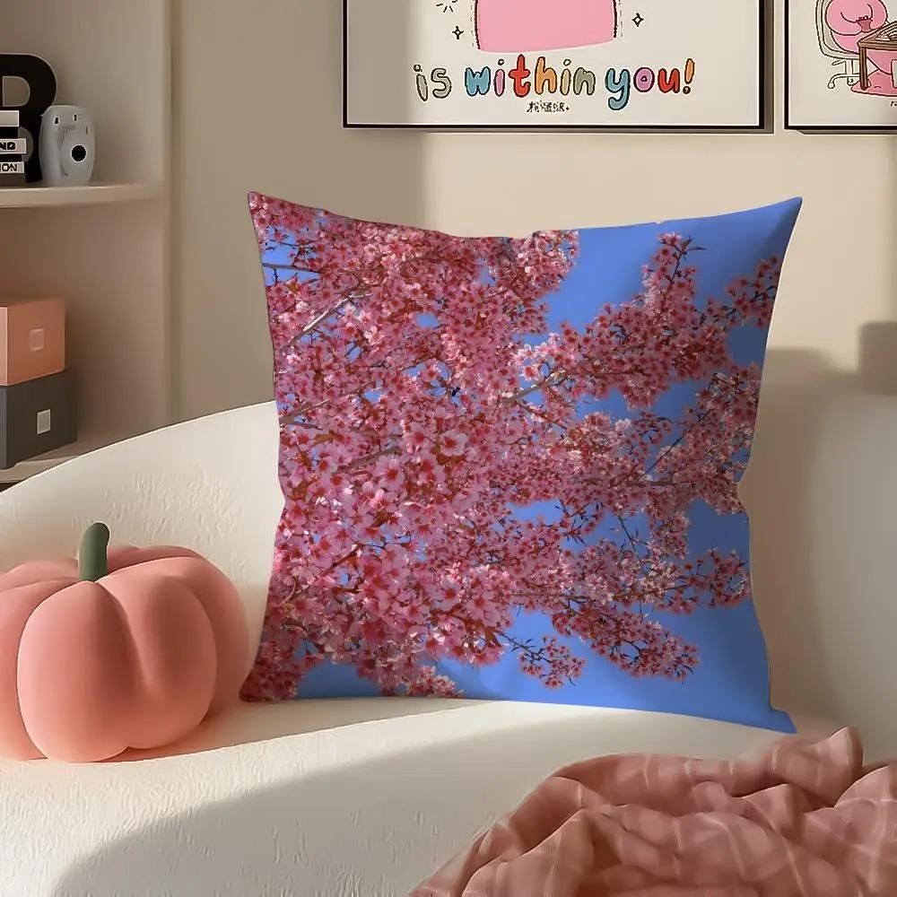 Each Skin Pillow Cover 2D Flat Printed Pink Cherry Blossom Sakura Cushion Cover Spring Floral Home Decor For Sofa Living Room