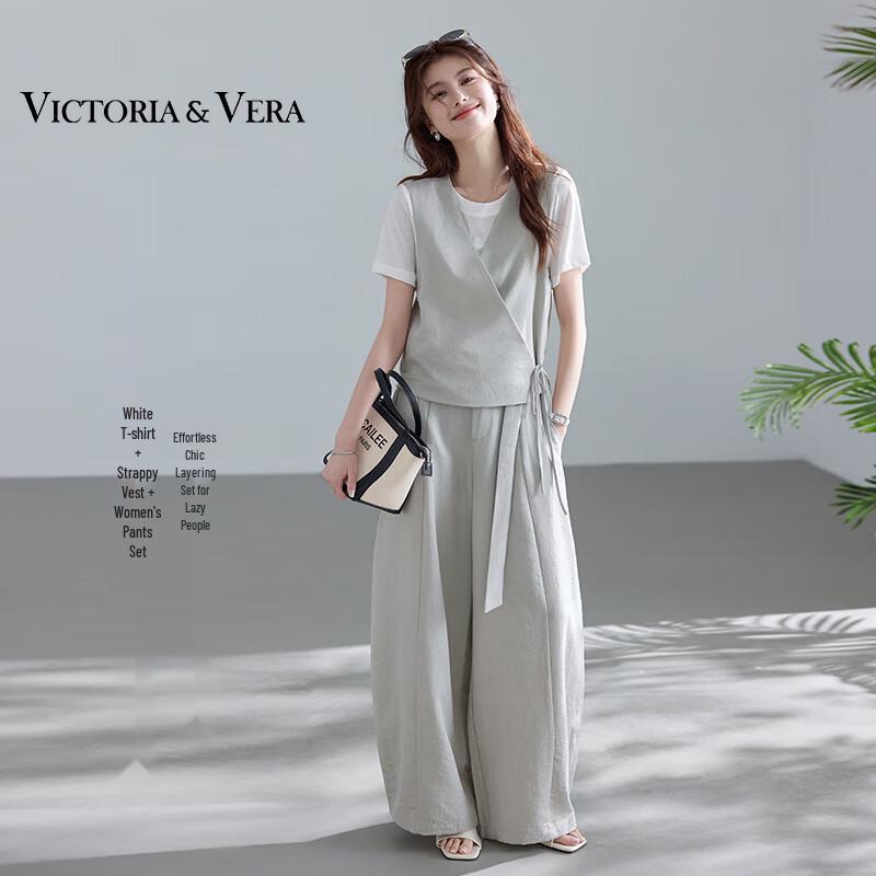

VICTORIA&VERA Round Neck T-Shirt, Vest & Wide-Leg Pants 3-Piece Set L