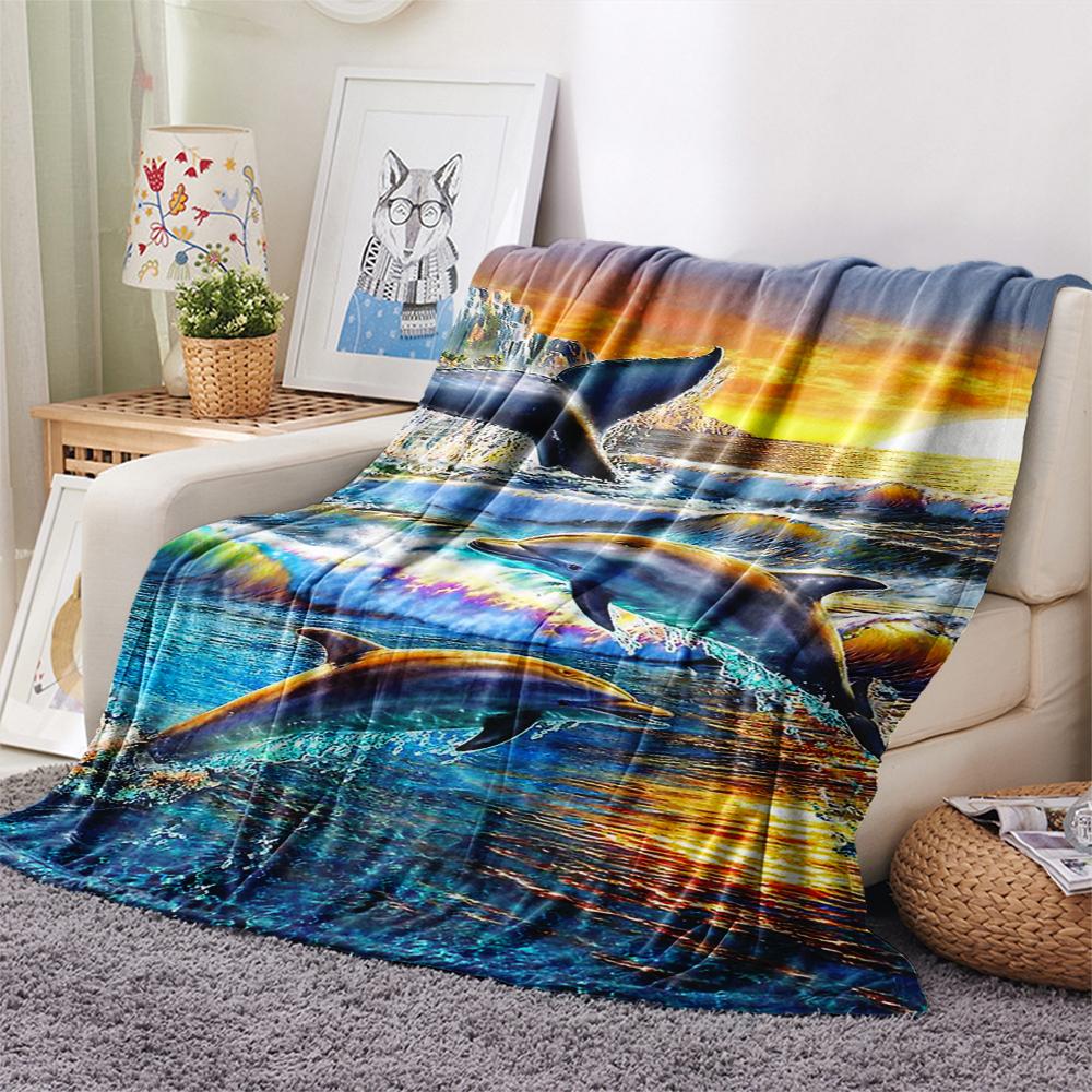 1Pc Dolphins Print Flannel Blanket, High Quality Comfortable for All Seasons, Home Decor, Warmth and Comfort, Perfect for Christmas Gifts