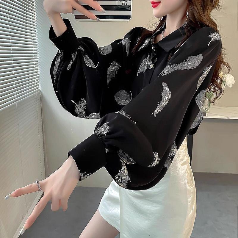 Women's Spring Loose Lantern Sleeve Top - Fashionable Niche Printed Outerwear Shirt