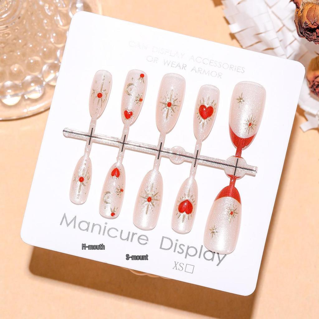 Red Heart Gem Short Almond Baroque Cat Eye Nail Stickers