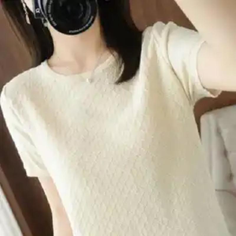 Women's Crew Neck Short Sleeve T-Shirt Rhombus Jacquard Solid Color Loose Casual Basic Top