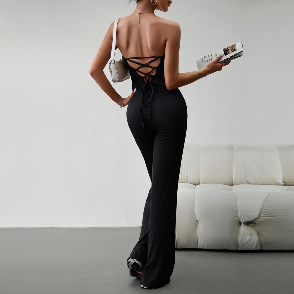 Women's Autumn Winter Elegant Slim Fit Sexy Bra Jumpsuit Strapless Solid Color Backless Romper