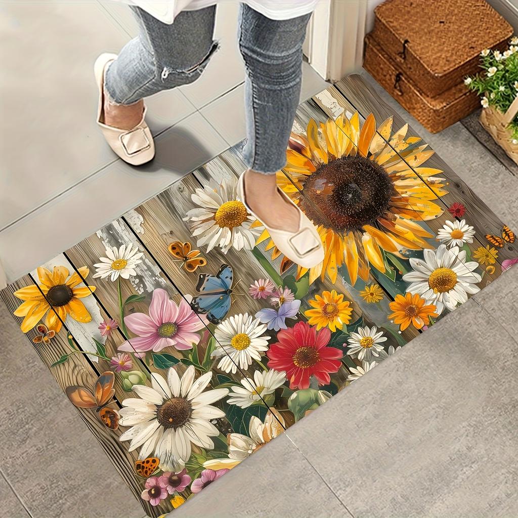 1Pcs Sunflower Floret Pattern Floor Mat Modern Kitchen polyester Rug Non-Slip Colorful Indoor Carpet, For Home Bathroom Bedroom Living Room Decor