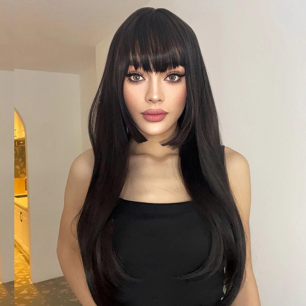 BLONDE UNICORN Perucas de cabelo sintético preto princesa corte franja longa peruca reta para mulheres afro cosplay lolita cabelo natural fibra resistente ao calor